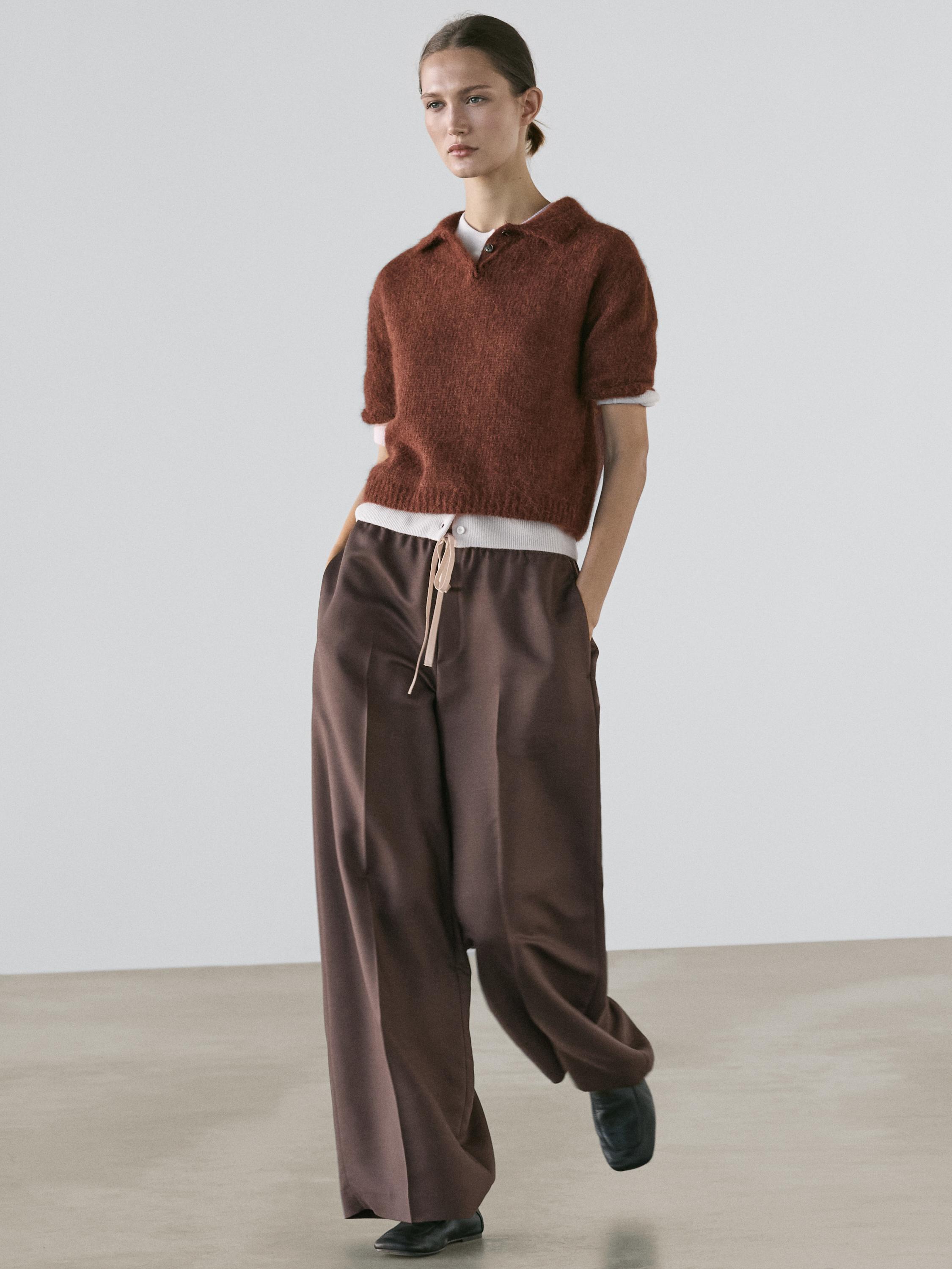 Wool blend contrast drawstring trousers